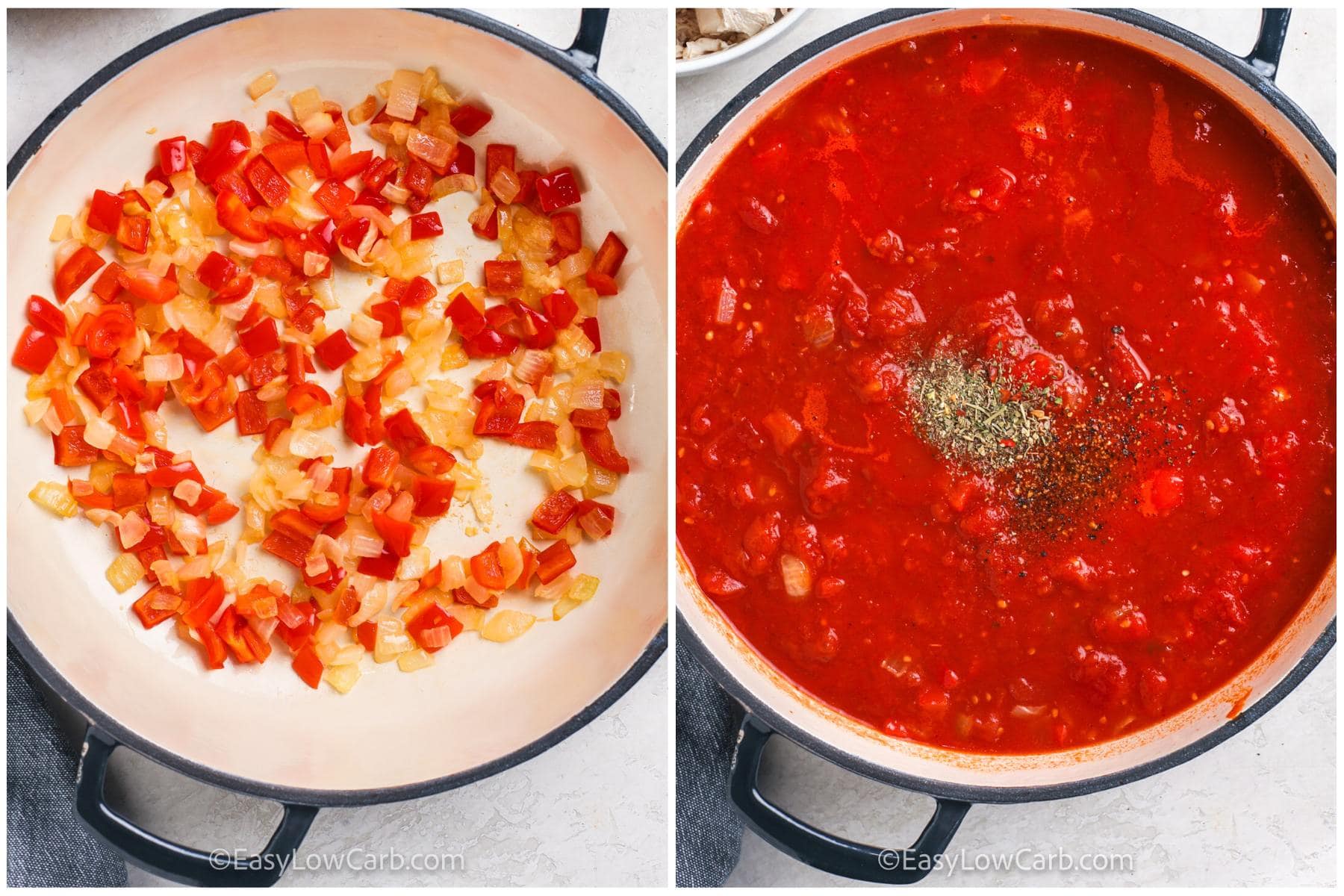 adding ingredients to the pot to make Chicken Pasta Sauce
