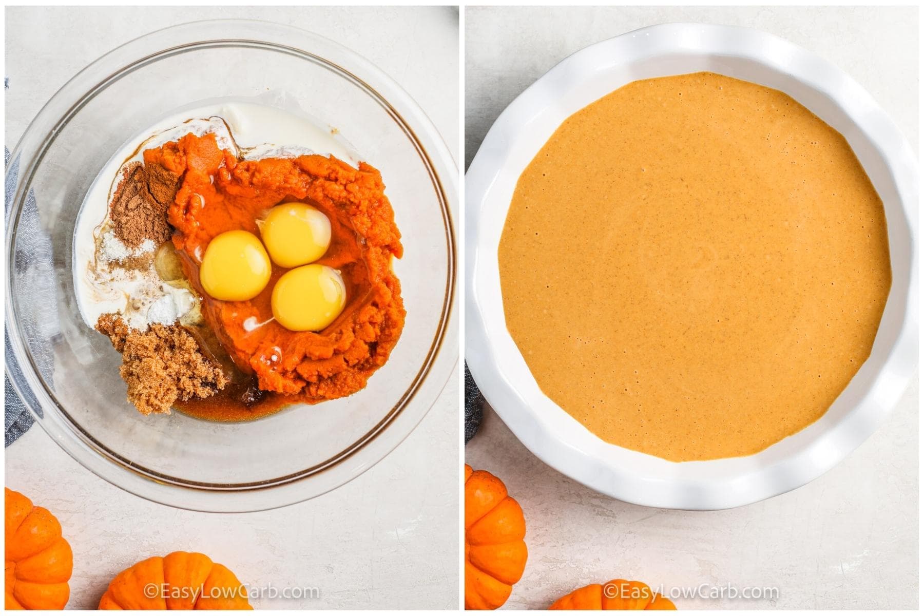 process of mixing and adding ingredients to dish to make Keto Pumpkin Pie Recipe