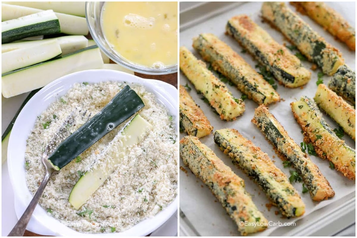 process to make keto zucchini fries, and baked fries on a baking sheet