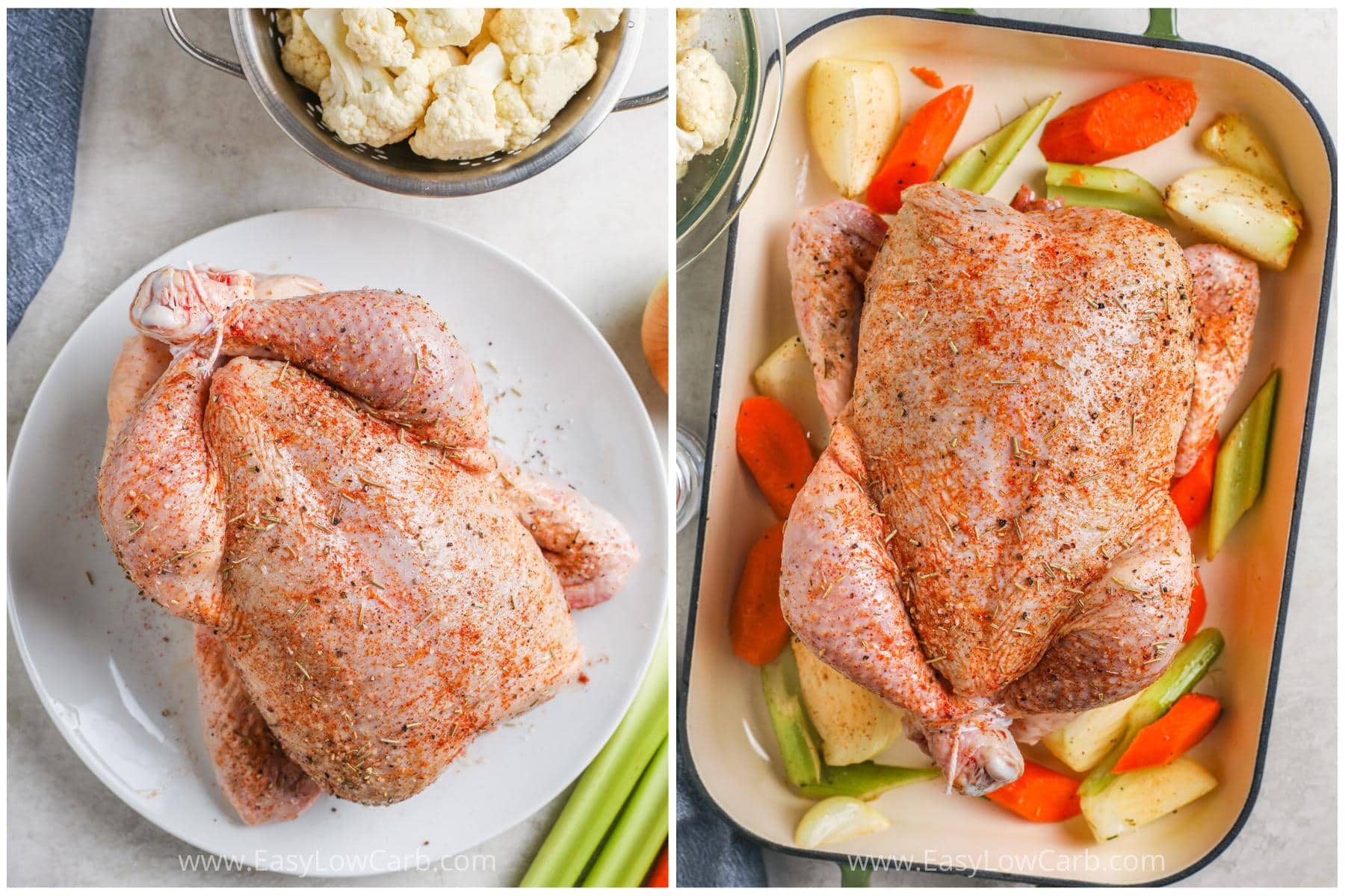 process of seasoning ingredients and putting in dish to make Roasted Chicken and Vegetables