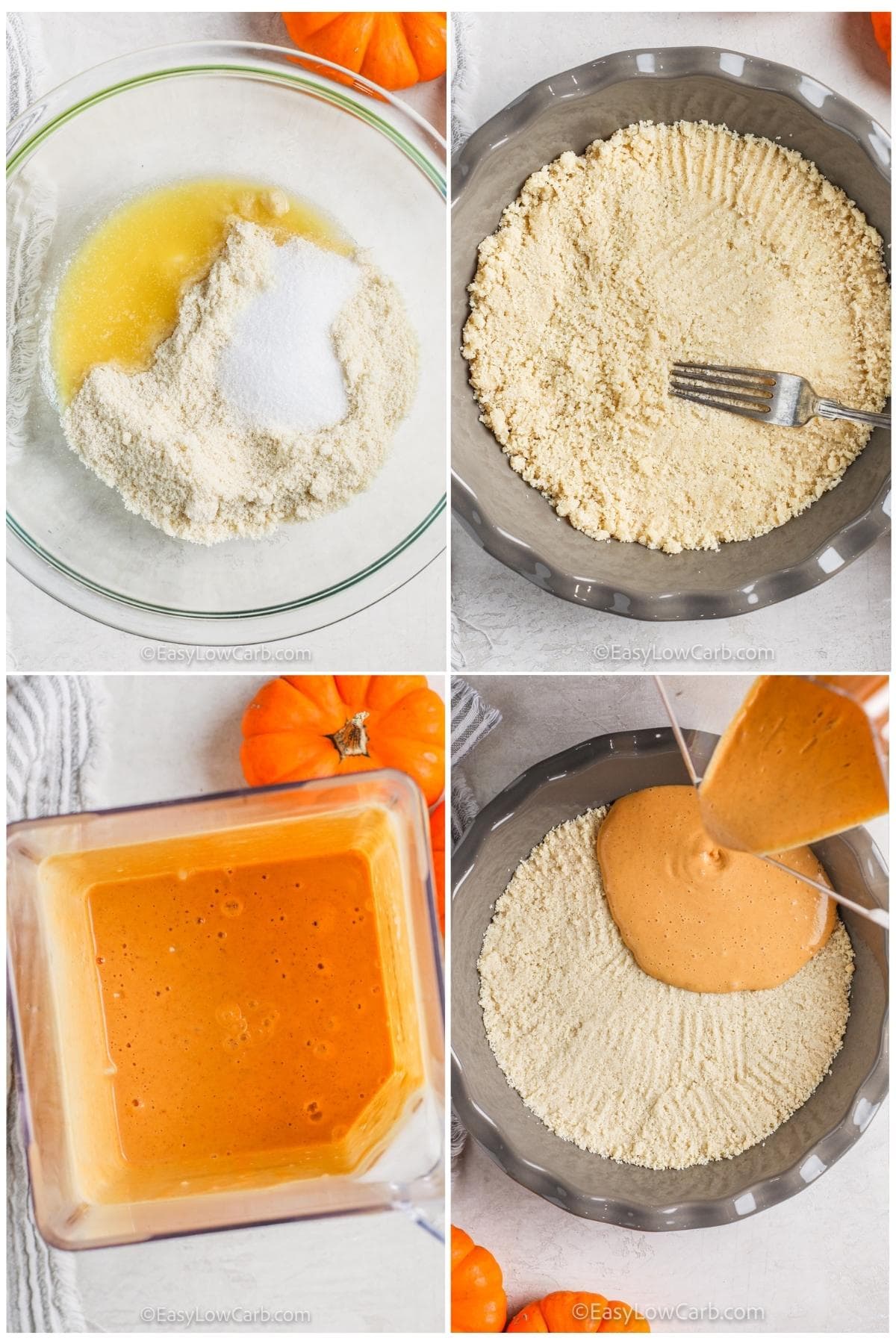 process of adding ingredients together to make Keto Pumpkin Cheesecake