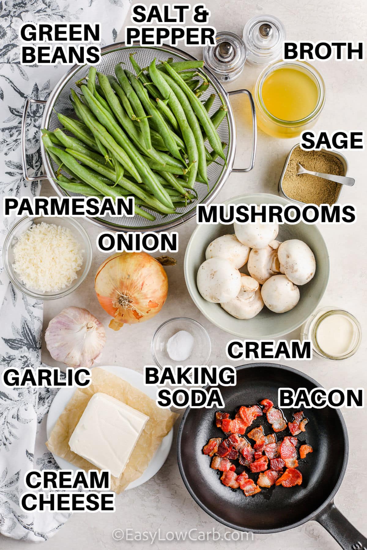 green beans , broth , sage , salt and pepper , parmesan , onion , mushrooms , garlic , cream cheese , baking soda , cream and bacon with labels to make Classic Green Bean Casserole