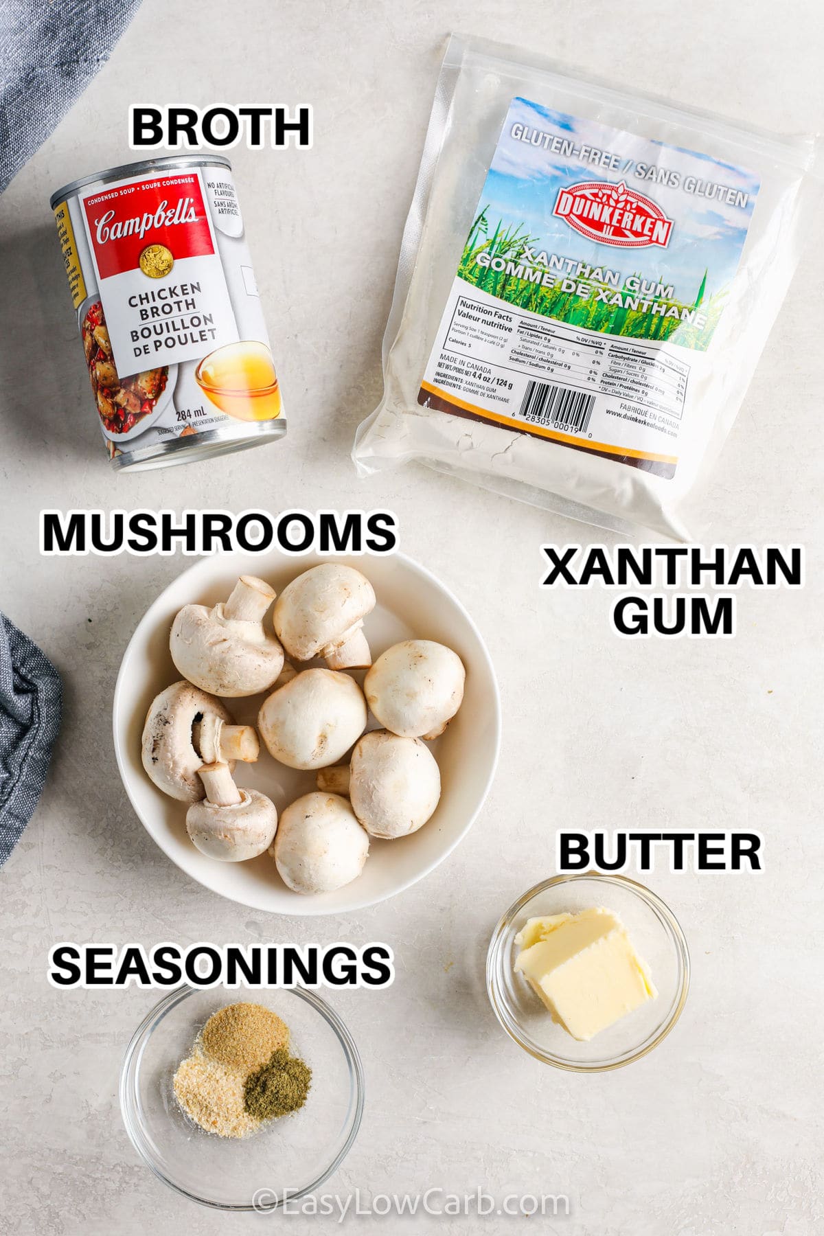 broth , mushroom , zanthan gum, butter and seasonings to make Keto Gravy Recipe with labels