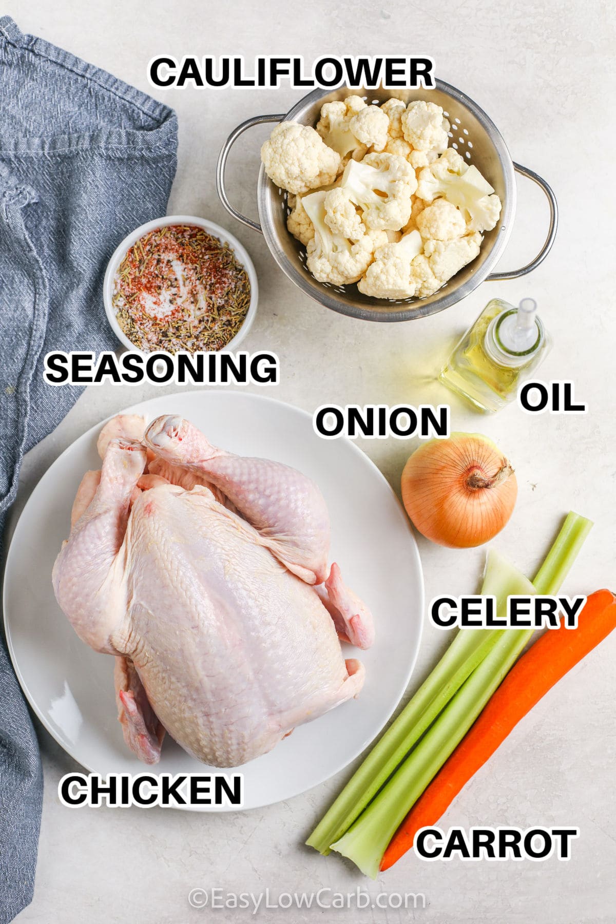 cauliflower , seasoning , onion , oil , celery , carrots and chicken to make Roasted Chicken and Vegetables with labels