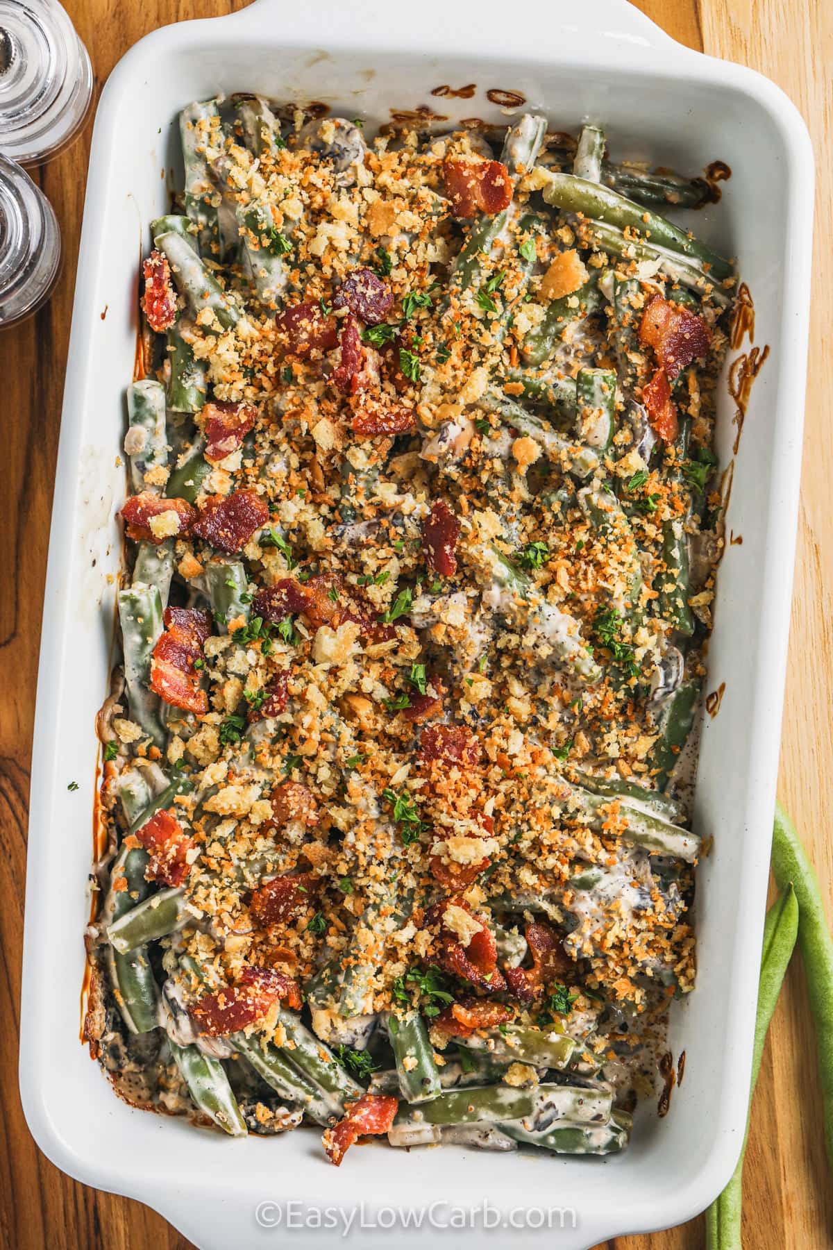 baked Keto Green Bean Casserole in the casserole dish