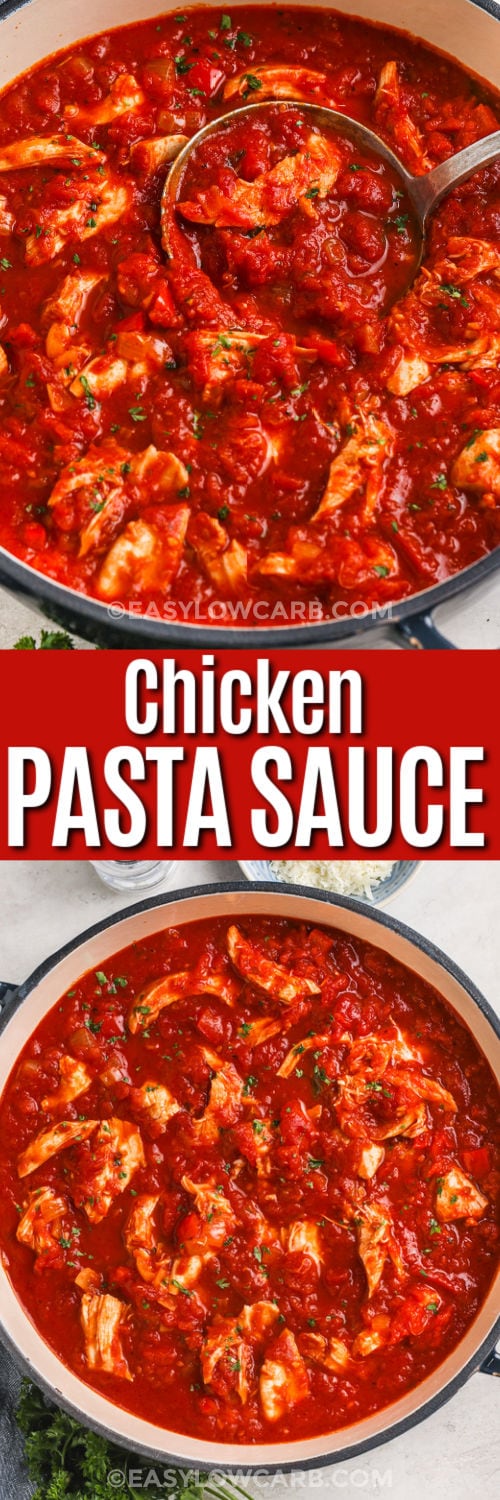 Chicken Pasta Sauce in the pot and close up with a title