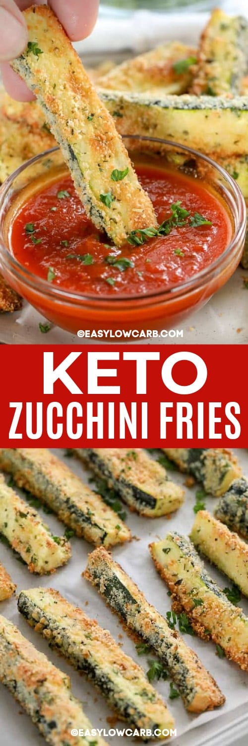 keto zucchini fries on a plate, with one fry dunked into marinara sauce, and keto zucchini fries on a parchment lined baking sheet under the title
