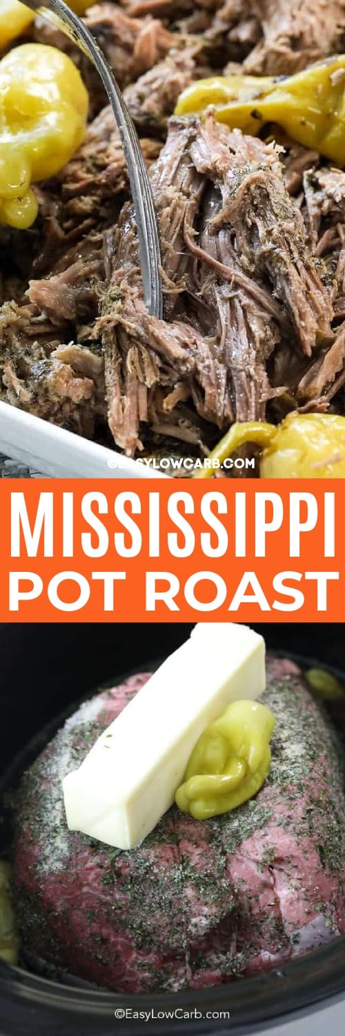 Slow Cooker Mississippi Pot Roast with pepperoncinis on top, pulled apart with a fork, and ingredients assembled under the title