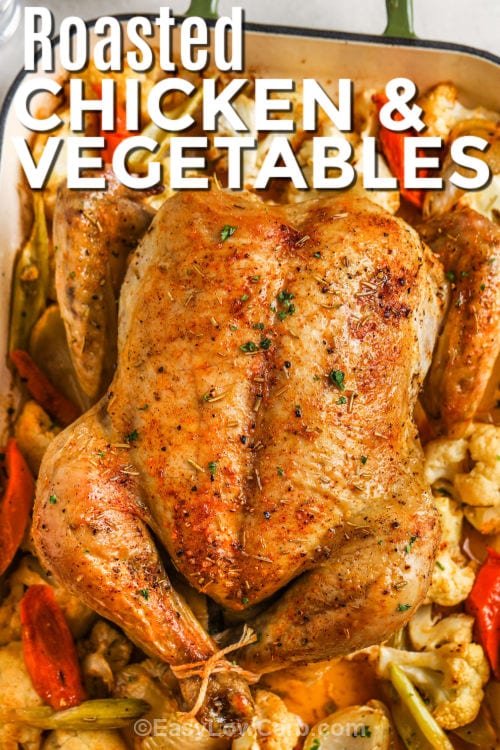 Roasted Chicken and Vegetables in the dish with writing
