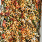 baked Keto Green Bean Casserole with a title