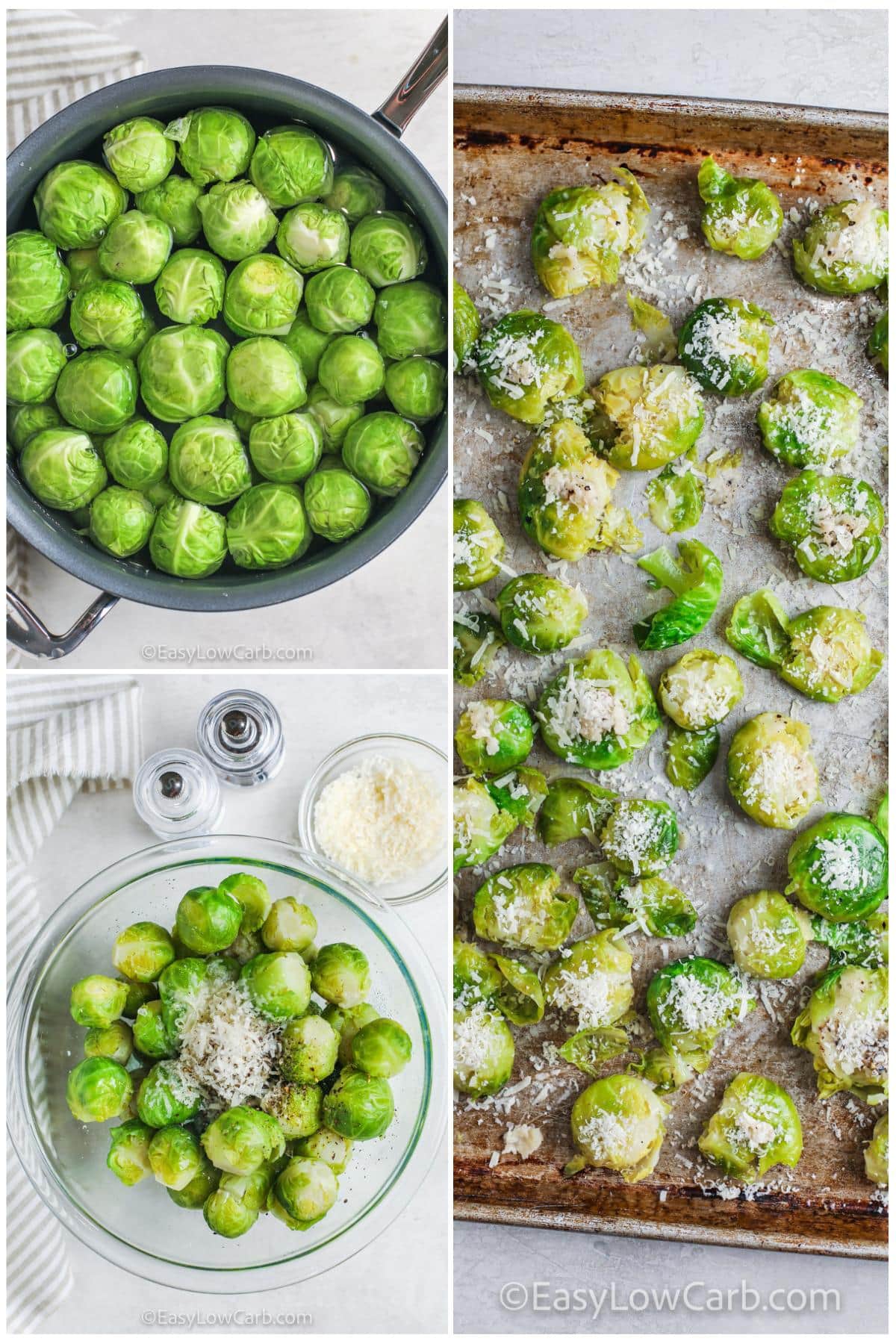 process of adding ingredients to sheet pan to make Smashed Brussels Sprouts