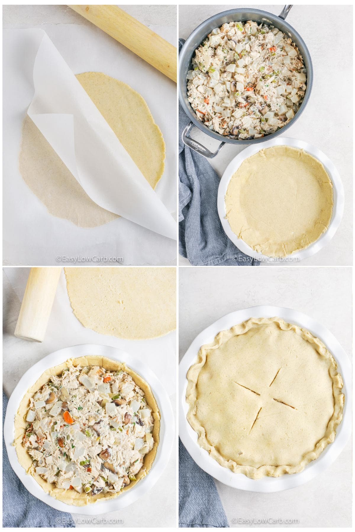 process of adding filling to pie shell to make Low Carb Chicken Pot Pie