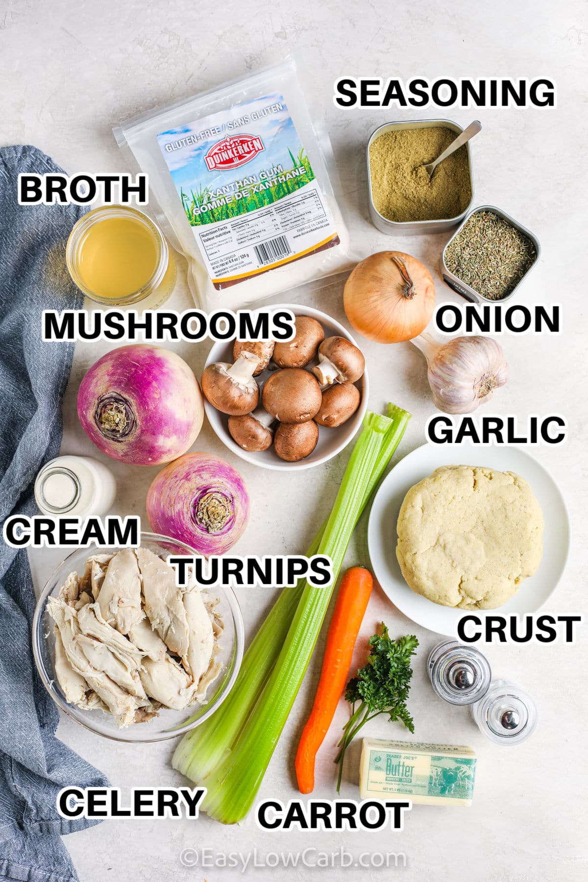 broth , seasonings , xanthan gum , mushrooms , onion , garlic , cream , turnips , celery , carrot , turkey and pie crust to make Low Carb Chicken Pot Pie with labels