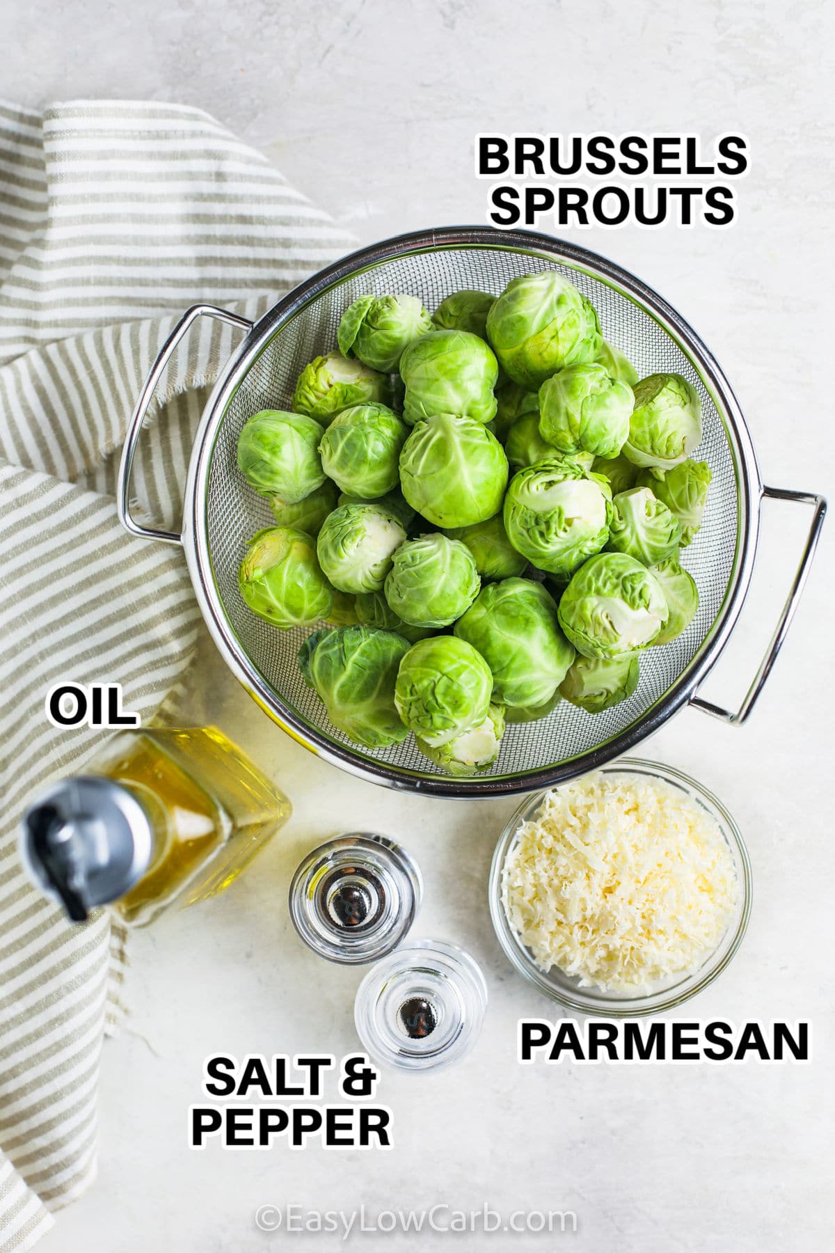 brussels sprouts , oil , parmesan , salt and pepper with labels to make Smashed Brussels Sprouts