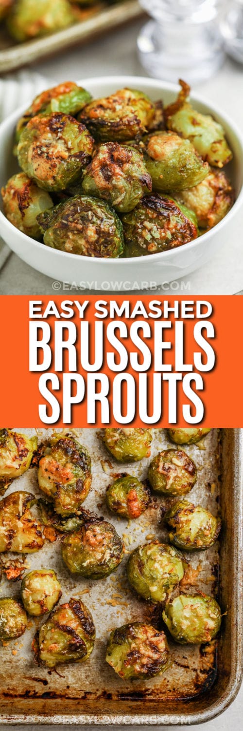 Smashed Brussels Sprouts on a sheet pan and plated with writing