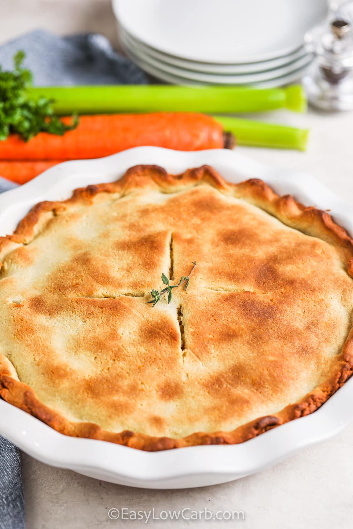 Low Carb Chicken Pot Pie cooked in a pie dish