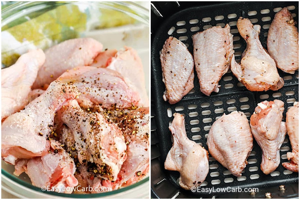 chicken wings in a bowl with seasoning on top, and seasoned wings in an air fryer basket to make air fryer crispy chicken wings