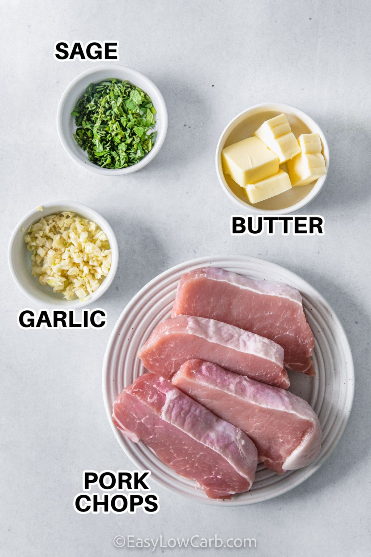 sage , butter , garlic and pork chops with labels to make Air Fryer Pork Chop Recipe