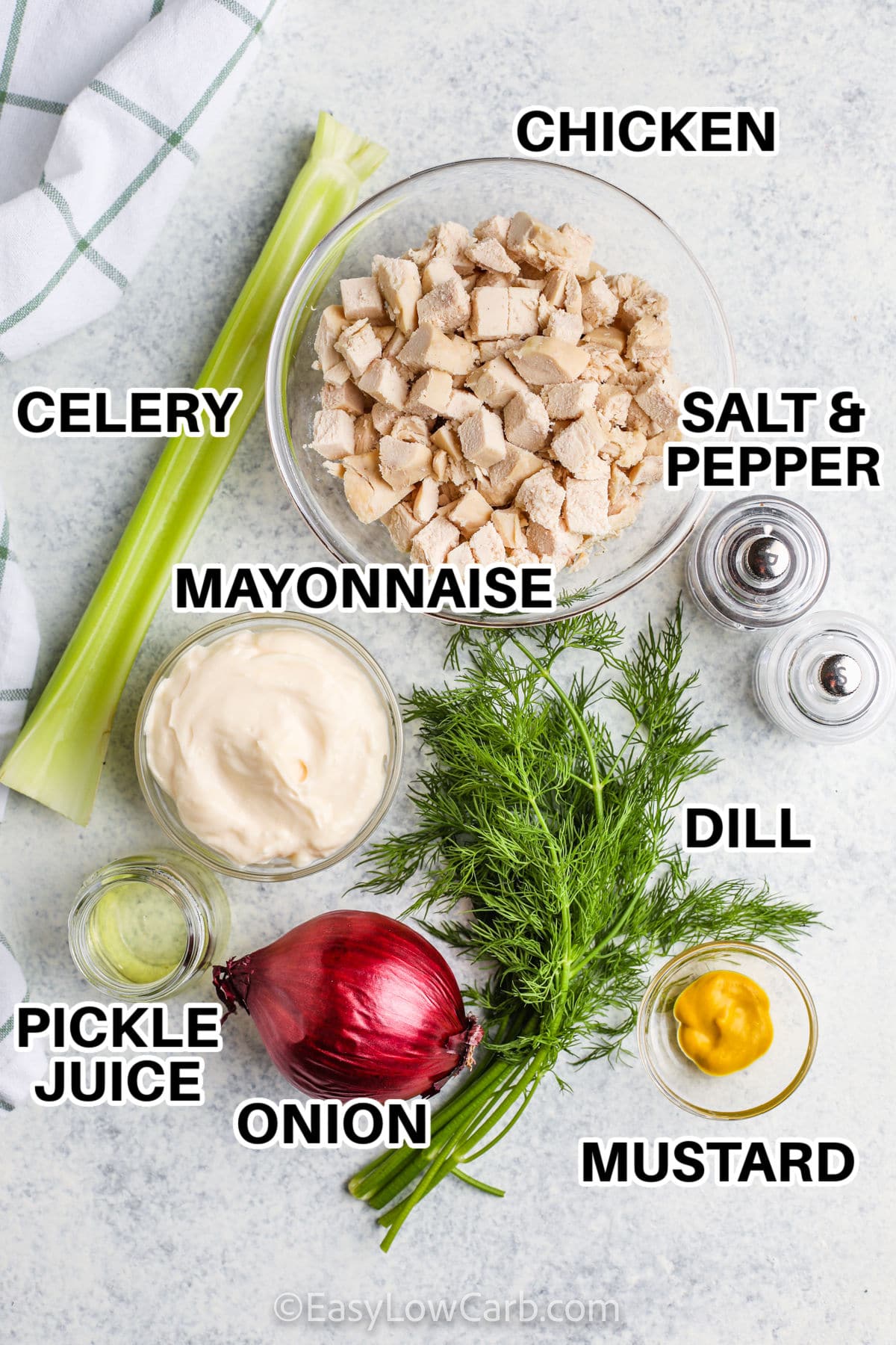 chicken , celery , mayonnaise , dill , pickle juice , onion , mustard and salt and pepper with labels to make Chicken Salad Recipe