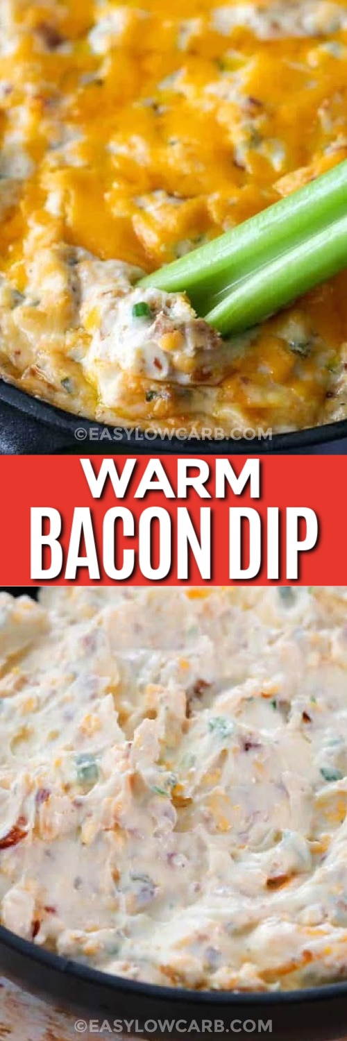 warm bacon dip in a skillet with a celery dipper, and uncooked dip in a skillet under the title