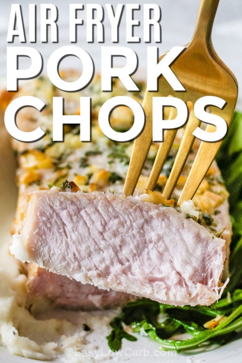 a slice of air fryer pork chop on a fork with a title
