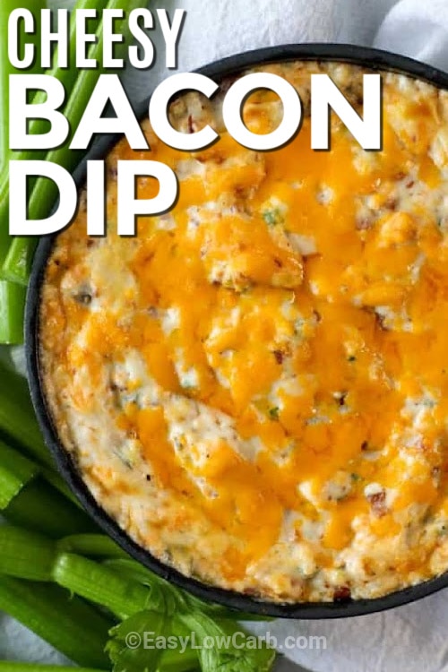 warm bacon dip in a cast iron skillet with celery sticks on the side, with a title