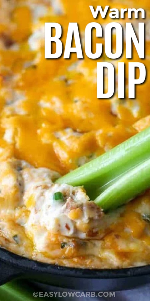 warm bacon dip in a skillet with a celery dipper, with a title