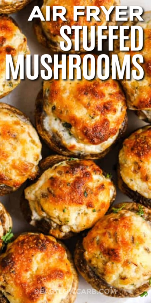 air fryer stuffed mushrooms served on a white plate, with a title