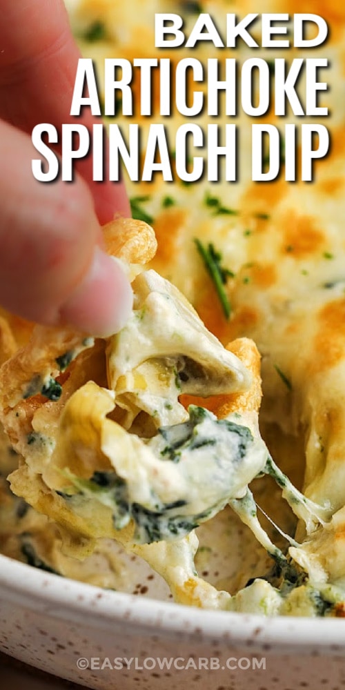 artichoke spinach dip being scooped out of a dish, with a title