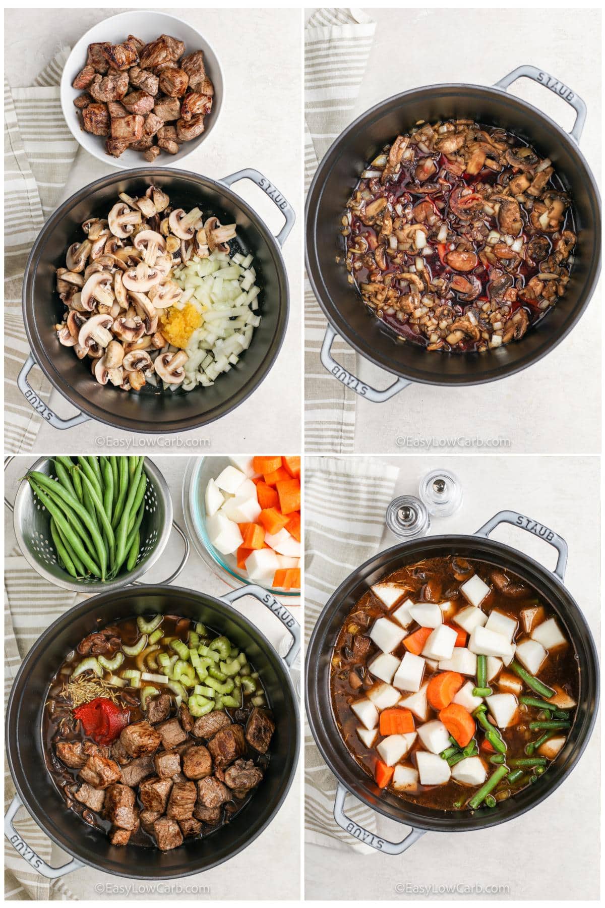 process of adding ingredients together to make Low Carb Beef Stew
