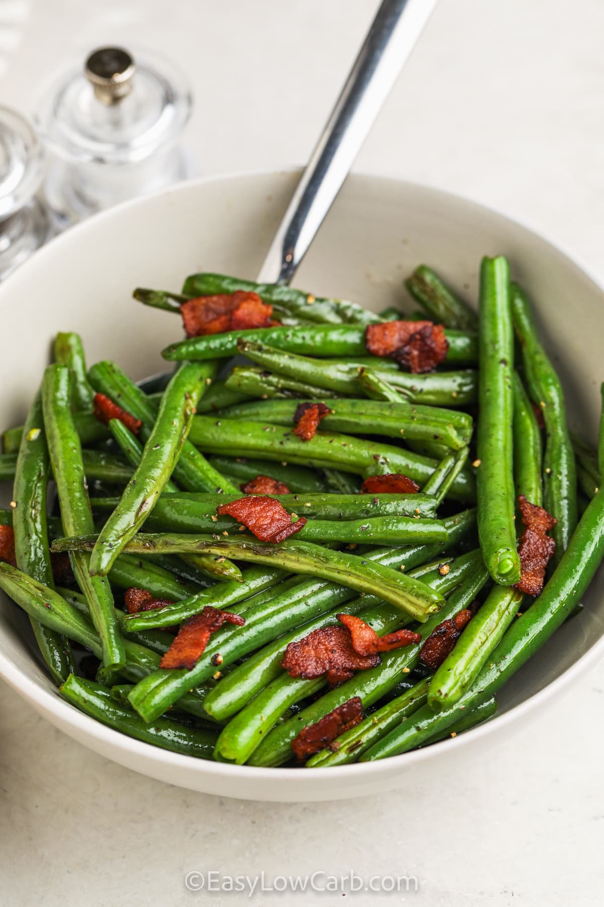close up of Bacon Green Beans in a bowl