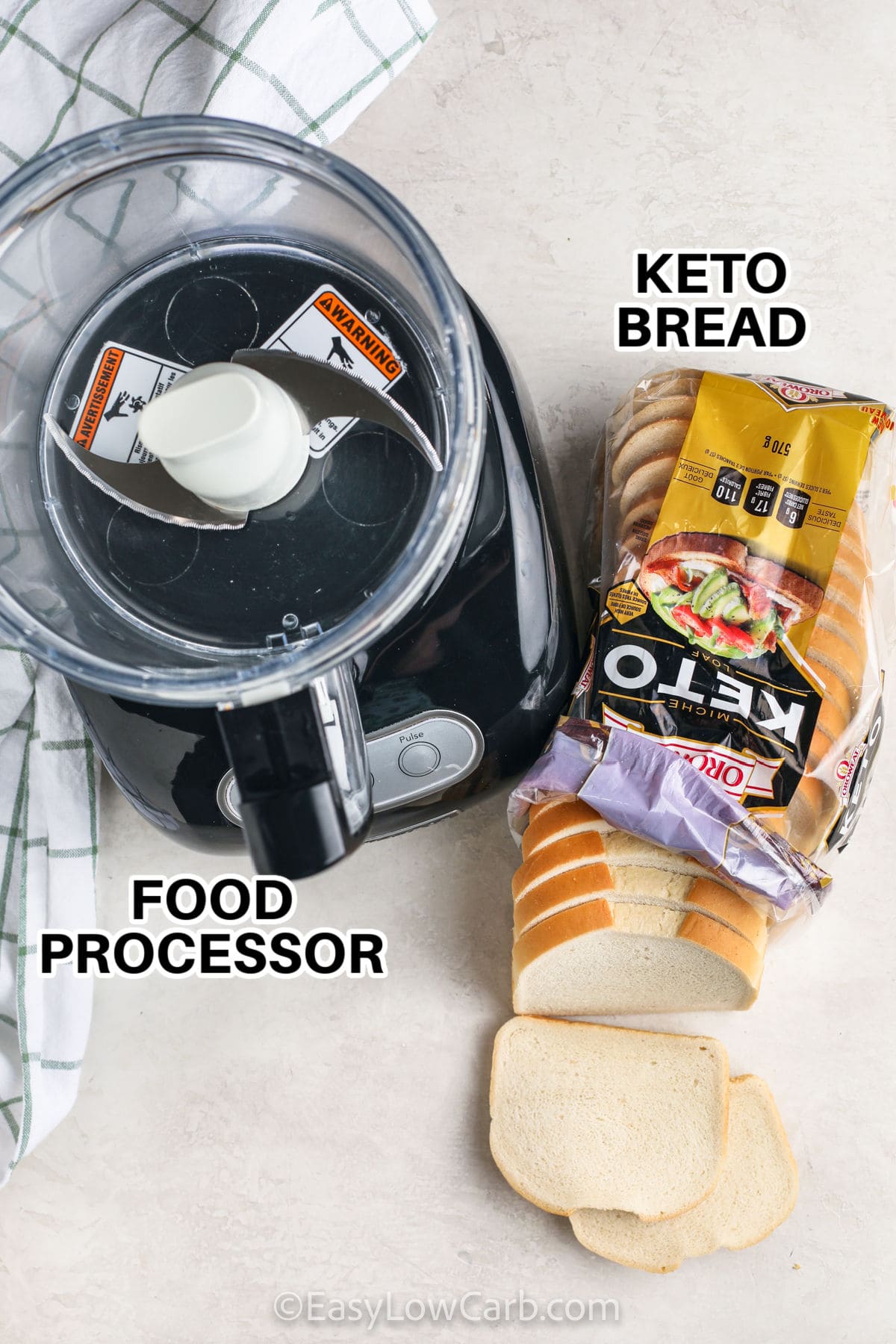 keto bread and food processor with labels to make Keto Breadcrumbs