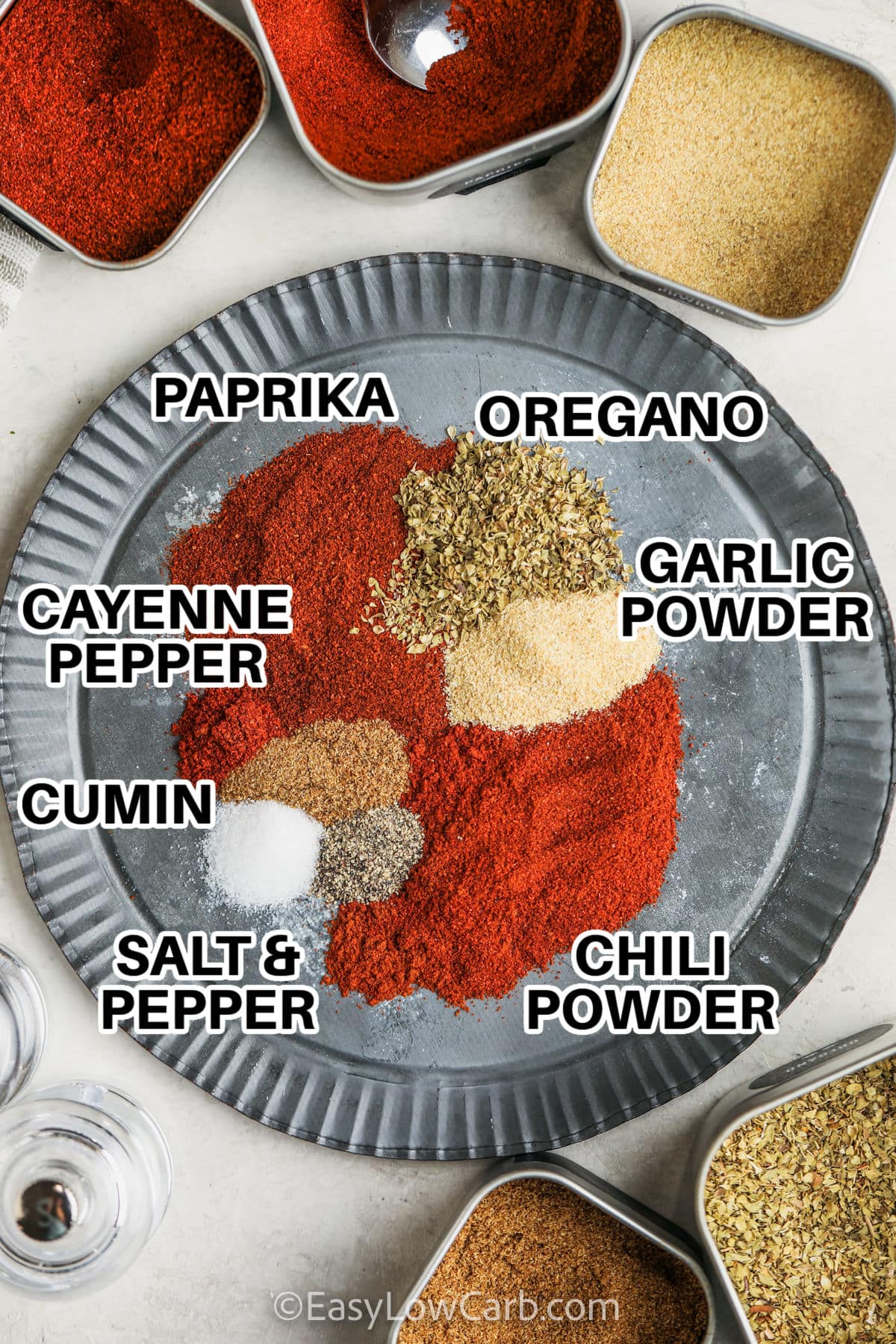 paprika , oregano , garlic powder , chili powder , cumin , cayenne pepper with labels to make Southwest Seasoning