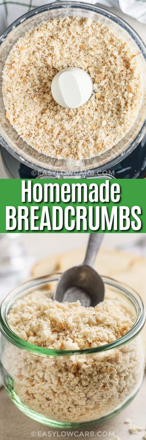 Keto Breadcrumbs in the food processor and plated with a title