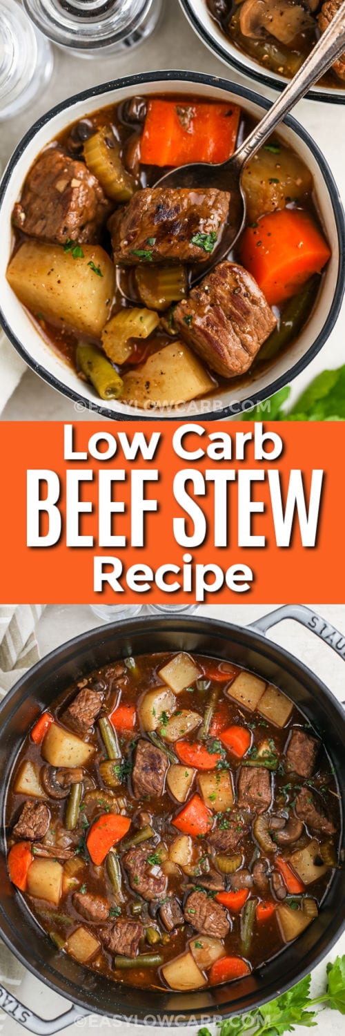 cooked Low Carb Beef Steak Stew in the pot and plated with writing
