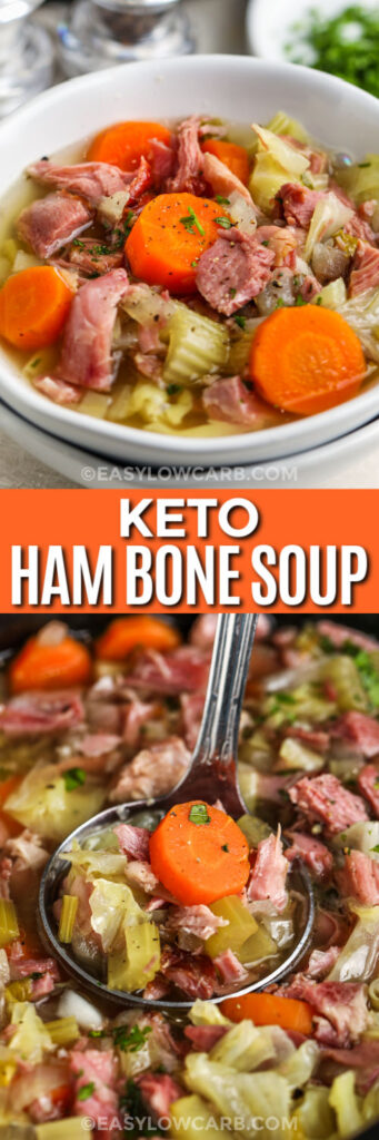 Low Carb Ham Bone Soup in the crockpot and plated with a title