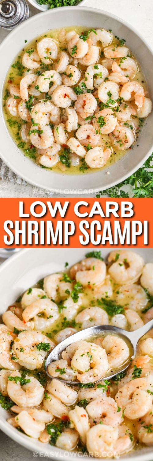 top view and close up of plated Shrimp Scampi with a title