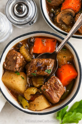 close up of Low Carb Beef Stew in a bowl