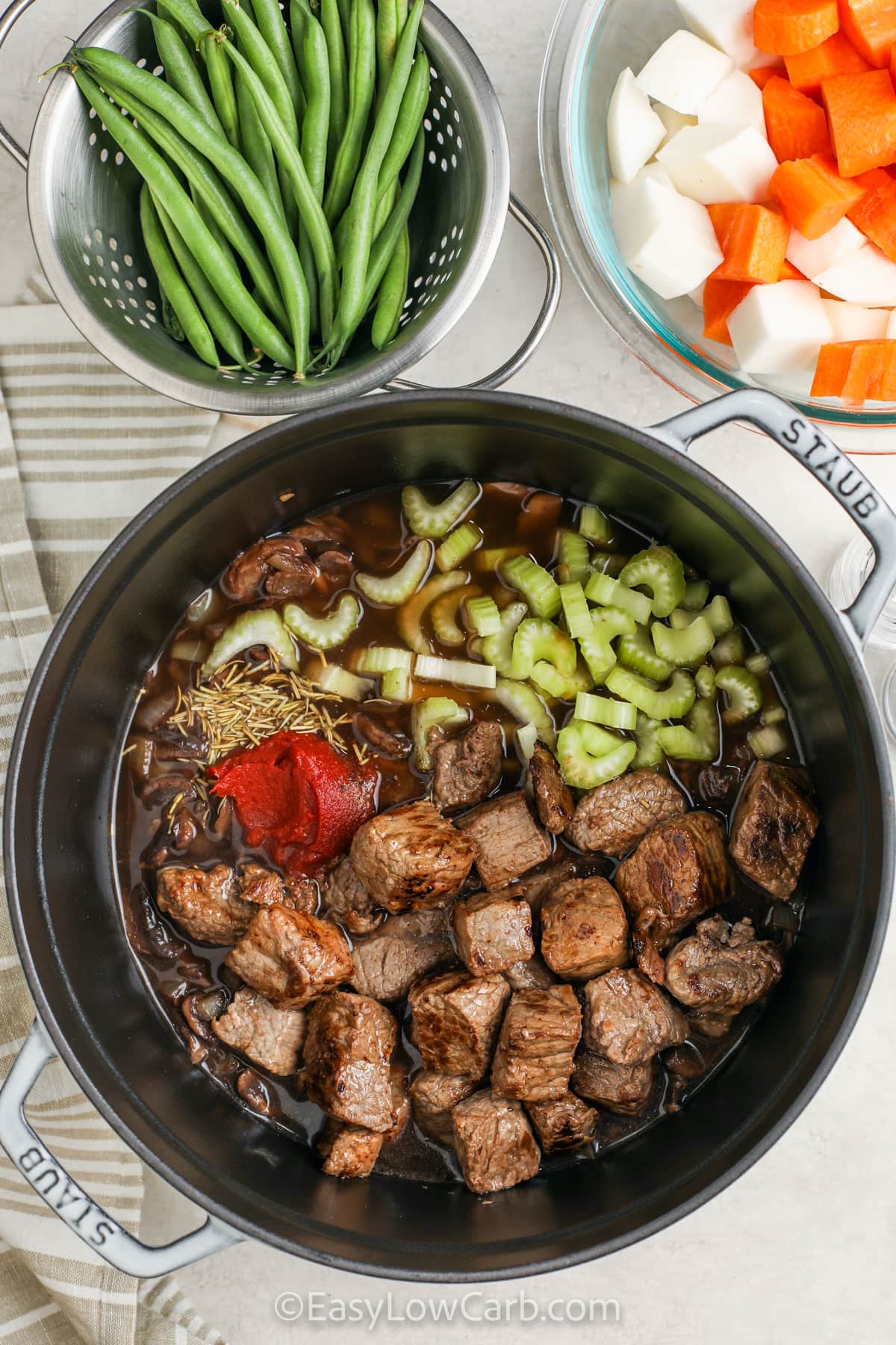 ingredients in the pot to make Low Carb Beef Stew
