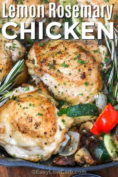 pan of Lemon Rosemary Chicken with vegetables and a title