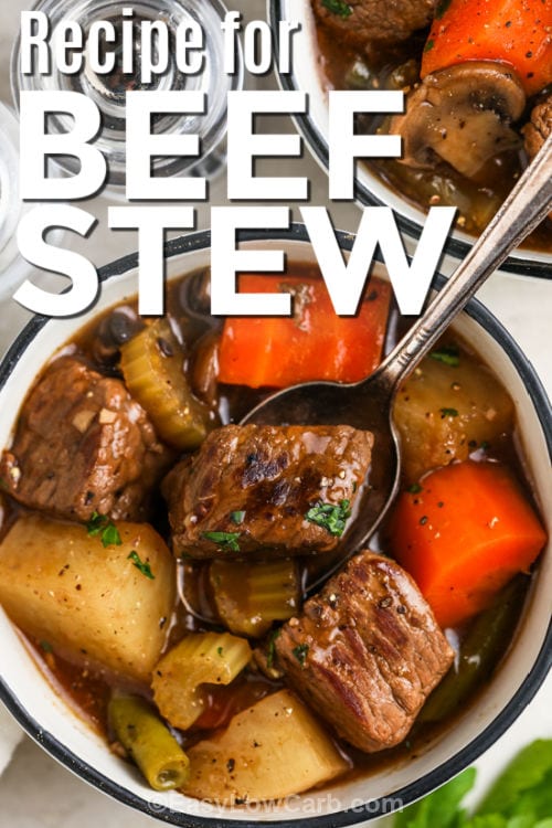bowl of Low Carb Beef Steak Stew with writing