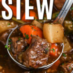 pot of Low Carb Beef Steak Stew with writing