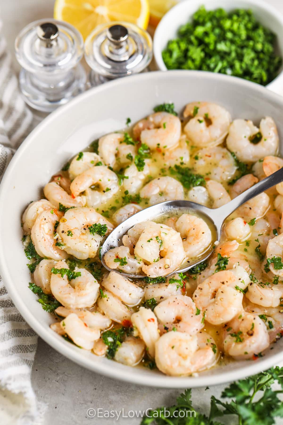 plated Shrimp Scampi with a spoon