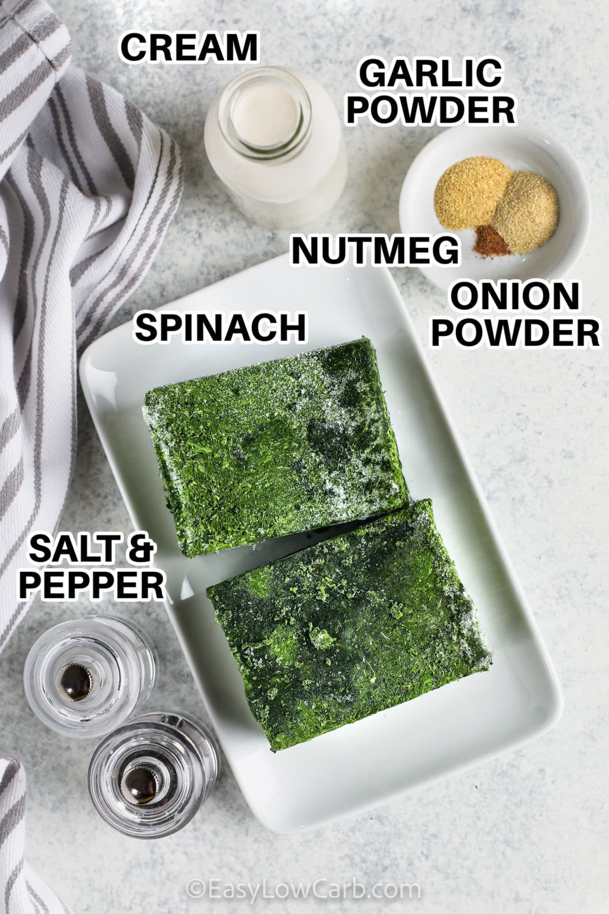 cream , garlic powder , onion powder , nutmeg , spinach and salt and pepper with labels to make Easy Creamed Spinach