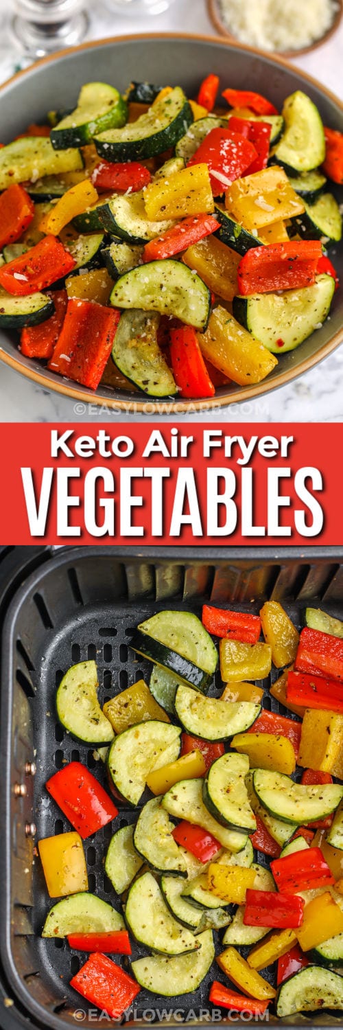 Air Fryer Roasted Vegetables in the fryer and plated with a title
