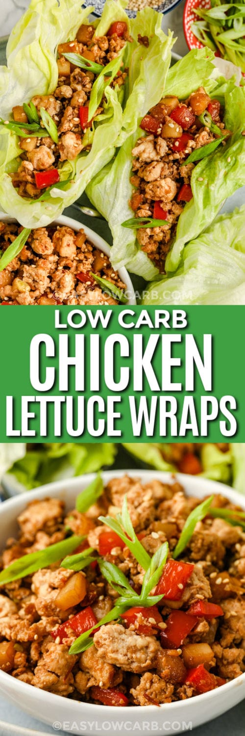 Easy Chicken Lettuce Wraps and photo of bowl with filling and writing