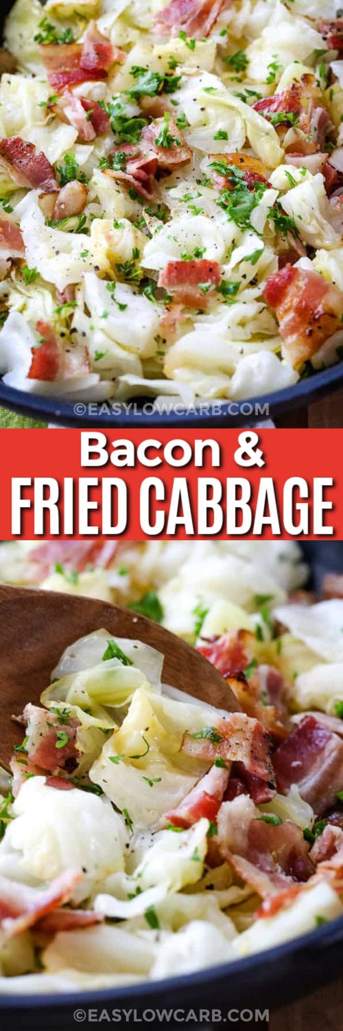 Fried Cabbage with Bacon in a bowl and close up with writing