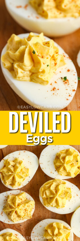 Keto Deviled Eggs and close up photo with a title