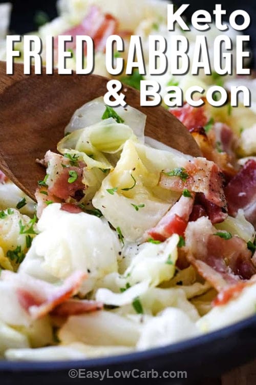 plated Fried Cabbage with Bacon with writing