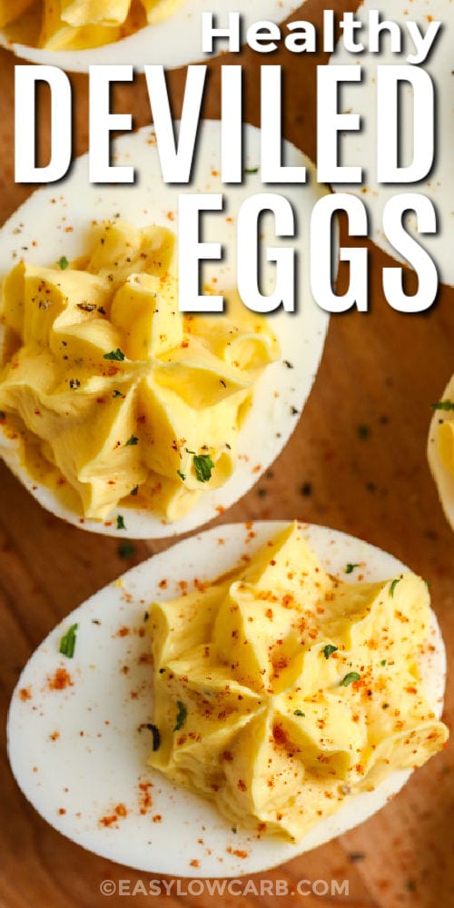 seasoned Keto Deviled Eggs with a title